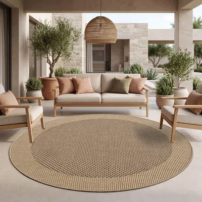 Produktbild von TT Home Teppich Für In- & Outdoor Balkon Küchenteppich Unifarben Sisal Design Bordüre Größe 200 cm Rund