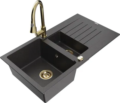 Produktbild von Mexen Matias 1,5-Becken-Granitspüle mit Abtropffläche und Mischbatterie Elia, Schwarz gesprenkelt - 6502-76-670101-50