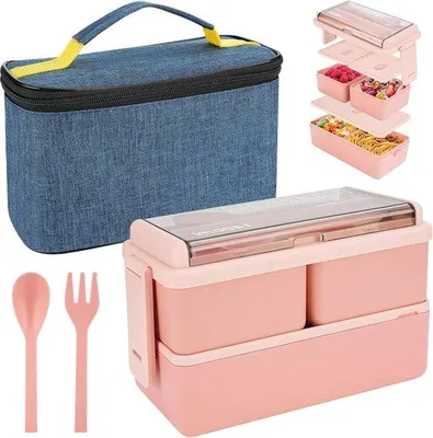 Image de Boîte à repas isotherme à 3 compartiments de 1 400 ml avec couverts et gobelet