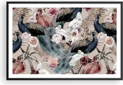 Produktbild von Gerahmtes Poster - Schwarzer Rahmen - Pfauen Squab Flamingos - 91,5x61 cm - Wand Bild - Wanddeko - Wandbilder - Kunstposter - Wandposter - Bilderrahmen - Bilder - Kunstdruck - P2BAA91x61-4890