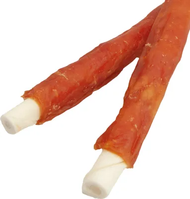 Two dog chews are presented diagonally against a white background.