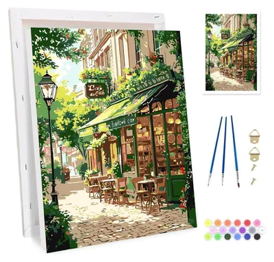 Produktbild von Malen nach Zahlen Set für Erwachsene mit Rahmen, Straßencafé Leinwand Kit 20x30cm