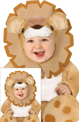 A baby wearing a lion costume, with a smaller inset image of the same baby in the costume.