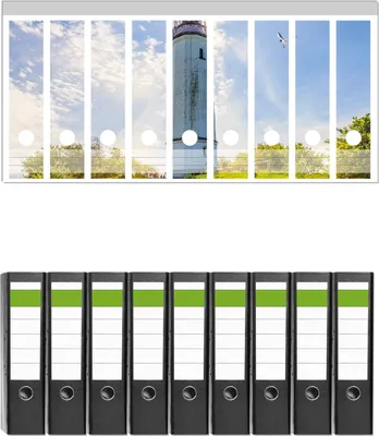 Produktbild von Wallario 9 Stück breite Ordner inkl. Klebeetiketten mit Motive Leuchtturm auf Hiddensee bei Sonnenschein -  Set mit Rückenschildern / Ordnerrücken Stickern