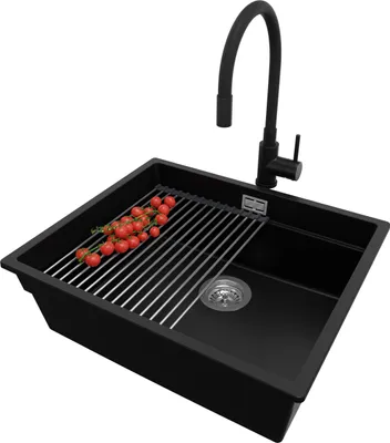 Produktbild von PRIMAGRAN Unterbauspüle Granit Schwarz 56x47cm, Spülbecken 1 Becken + Ablauf-Set + Küchenzubehörset, Granitspüle ab 60er Unterschrank - Praga