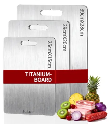 Produktbild von 3-teiliges Schneidebrett-Set aus Titan, BPA-frei, doppelseitig, lebensmittelecht, Edelstahl und Titan – ideal für Fleisch, Brot, Gemüse und Obst (39 * 28 cm + 29 * 20 cm + 25 * 15 cm)