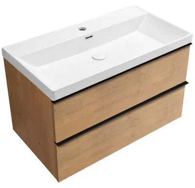 Imagen del producto de Mueble de baño Velora - roble miel, tirador  - lavabo de cerámica Viano - 81,2 x 67,6 x 46,5 cm