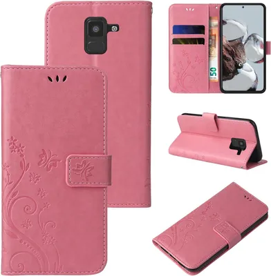 Produktbild von Handyhülle für Samsung Galaxy A8 (2018) Floral Blumen Schmetterling Flip Cover Hülle Case Klapphülle Handytasche Farbe: Rosegold