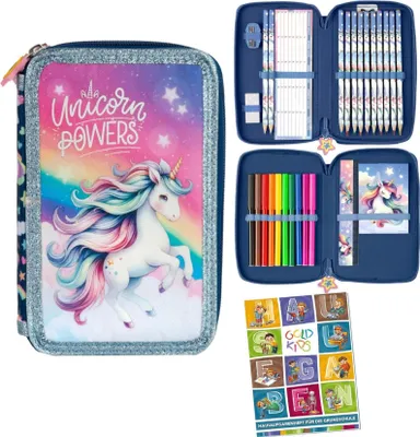 Produktbild von Goldkids - Federmäppchen 2 Fächer - Mäppchen für Mädchen und Jungen - Federmappe 2-Fach Federtasche Gefüllte Schüleretui Schulmäppchen - Einhorn Motiv
