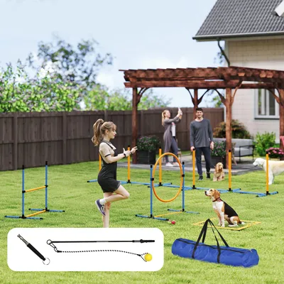 Produktbild von Slalom Sprungtraining Hundetraining, Hunde Agility Set 7-teilig, Steckhürden, Blau+Orange  |  Kunststoff  |  mit Tragetasche  |  höhenverstellbar