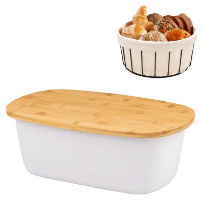 Productafbeelding van Bremermann brooddoosset in wit met bamboe deksel, snijplank en broodmand.