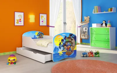 Image de ACMA I Lit d'adolescent Lit d'enfant Lit junior Set complet avec matelas Sommier à lattes Blanc 21 Pirates 180x80 + coffre de lit