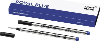 A box of Montblanc rollerball refills with two refills shown.