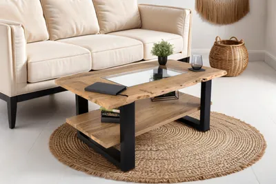 Produktbild von Couchtisch mit Glaseinsatz Baumkante massiv Akazie natur 115x65 cm schwarz PATRICK