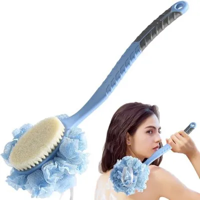Produktbild von Rückenbürste zum Duschen mit langem Griff, Körperbürste mit Borsten und Luffa, Rücken-Schrubber mit Badeschwamm und 16" langem Griff, rutschfeste Badebürste für hautschonende Peeling-Massage