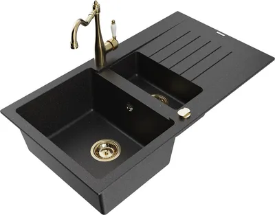 Produktbild von Mexen Matias 1,5-Becken-Granitspüle mit Abtropffläche und Mischbatterie Carla Schwarz/Silbermetallic - 6502-73-670700-50