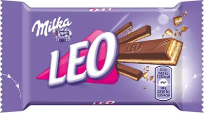 Product packaging for a Milka Leo chocolate bar.