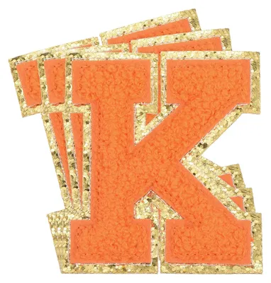 3 Chenille-Buchstaben K zum Aufbügeln, 80 mm, Goldrand, orange