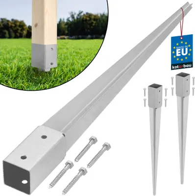A product shot of metal post anchors with a circular inset showing one in use in a grassy yard.
