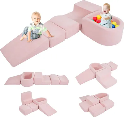 Immagine prodotto di COSTWAY 5 pezzi. Blocchi in schiuma, blocchi giganti con piscina di palline, blocchi di grandi dimensioni, blocchi da arrampicata, blocchi morbidi XXL, senza palline (rosa, tessuto in velluto)