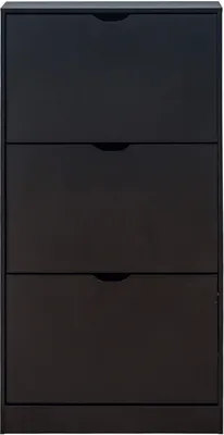 A front view of a black shoe cabinet with three drawers.