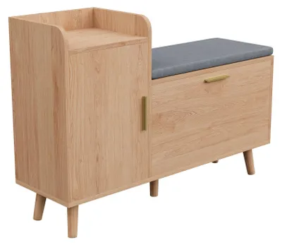 Produktbild von Schuhbank - Schuhschrank - Gepolsterte Sitzfläche - Klapptür - Spanplatte - 100 x 30 x 70 cm - Belastbarkeit 82 kg - Naturholzfarbe