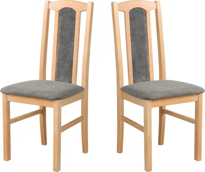 Two wooden dining chairs with gray upholstered seats and backrests are shown against a white background.