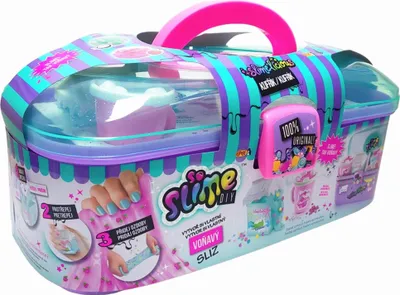 A colorful toy slime making kit in a carrying case.