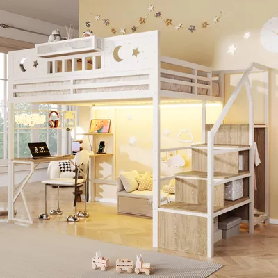 Immagine prodotto di Letto a castello Merax, 140x200 cm, con scrivania, illuminazione LED, porta USB, pannello forato, letto per bambini in metallo, letto a castello, letto per adolescenti, bianco