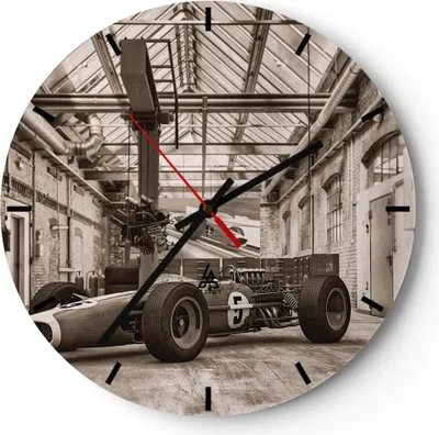 Produktbild von Wanduhr - Rund - Glasuhr - Formel 1 Rennen Retro - 40x40cm - Schleichendes Uhrwerk - Lautlos - zum Aufhängen bereit - Dekoration Modern - Wanddekoration aus Glas - C3AR40x40-4918