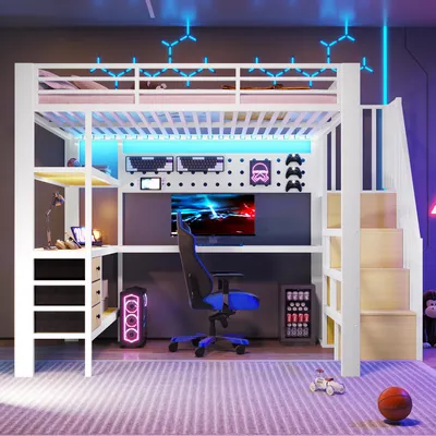 Imagen del producto de okwish, cama tipo litera para buhardilla de 140x200 cm con estructura metálica, iluminación LED, escritorio, enchufe, estantería y panel perforado, color blanco, sin colchón