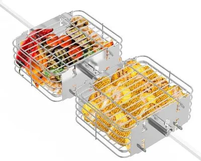 Image de Set de grillades en acier inoxydable en deux pièces pour brochettes - Légumes, viande, poisson - Barbecue au charbon ou au gaz - Argent