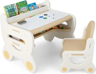 Imagen del producto de Conjunto de mesa y silla infantil, con superficie de la mesa ajustable en altura e inclinación, ideal para dibujar, estudiar, jugar y comer, para niños a partir de 3 años (color marrón)