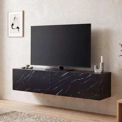 Zdjęcie produktu dla FineBuy Niska szafka wisząca w stylu marmuru, czarna, 120 x 30 x 30 cm – szafka pod telewizor, stolik pod telewizor z uchylnymi drzwiami, nowoczesna szafka pod telewizor, szafka ścienna pod telewizor