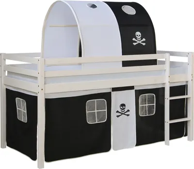 Image de Lits superposé 90x200 cm avec Matelas Lit mezzanine en Bois Pin Massif Tunnel Rideau Pirate Noir Sommier à lattes