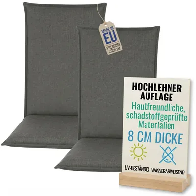 Produktbild von Pillows24 - 2x Hochlehner Auflagen 120x50x8 cm | Bequeme & Wetterfeste Gartenstuhlauflagen | Polster Sitzkissen für Gartenmöbel |  EU | Graphit