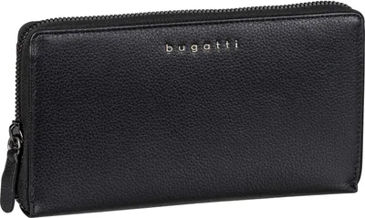 A black leather wallet with a zipper closure and the brand name 'bugatti' embossed on the front.