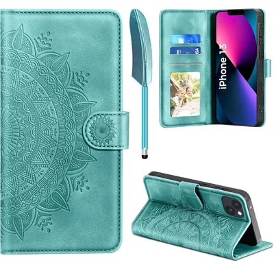 Productafbeelding van iPhone 13 hoesje van leerlook (PU), met kaarthouder, magnetische standfunctie, kleur: groen