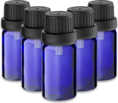 Produktbild von 5x Blaue Glasflasche 10 ml mit schwarzem Tropfer – Kosmetikflasche