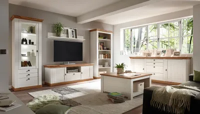 Produktbild von Komplett-Set Wohnzimmermöbel LINARES-61 Landhaus-Stil in Pinie weiß / Wotan Eiche Nb. - Stellmaß Wohnwand: B/H/T ca.: 397/204/52 cm
