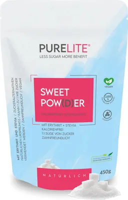 Produktbild von PURELITE Sweet Powder natürlich, vegan, 1:1 Zuckerersatz Pulver 450 g, Erythrit & Stevia, natürliche Zuckeralternative, kalorienfrei, zuckerfrei
