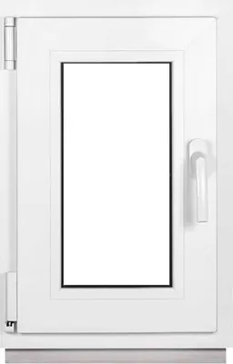 A white PVC window with a glass pane and a silver handle.