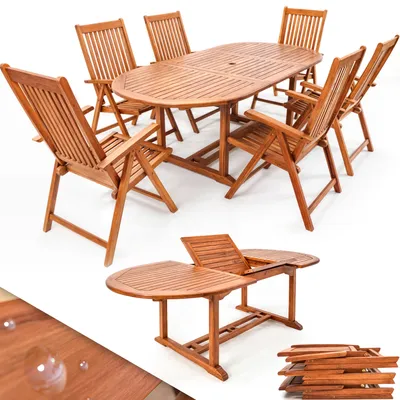 Produktbild von CASARIA® Gartenmöbel Set Holz 6 Stühle mit Tisch Wetterfest FSC®-zertifiziert Schirmständer Armlehnen Klappstühle Garten Terrasse 7-tlg. Eukalyptus