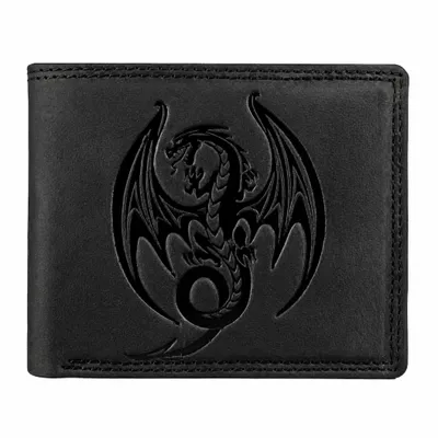 Produktbild von RFID Büffelleder Portemonnaie Echtleder Geldbörse Drachen Motiv in Schwarz, KI-generiertes Bild