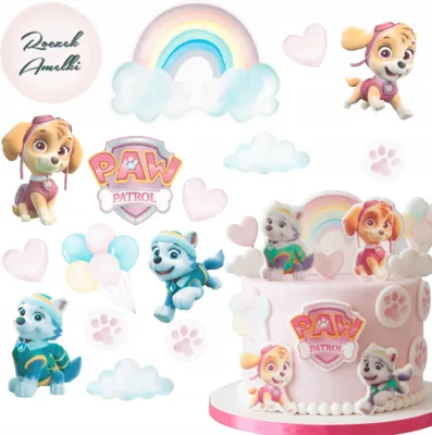 Zdjęcie produktu dla Sweetfanaberia | Zestaw do dekoracji tortu, zestaw opłatków na tort - opłatki urodzinowe Skye Paw Patrol dla dziewczynek, figurki + tablica z napisami