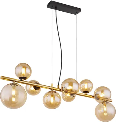 A modern chandelier with multiple amber glass globes suspended from a gold bar.