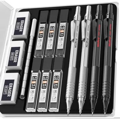 Produktbild von PromoHome® 4 Metall-Druckbleistifte-Set 0,5 mm & 0,7 mm mit Etui, 144 Minen HB, 3 Radiergummis und 9 Ersatzradierer - schwarz und