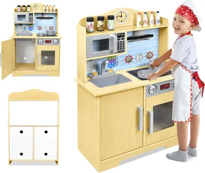 Produktbild von YARDIN Detská kuchynka Drevené kuchynské doplnky na hranie, detská hračkárska kuchynka s varnou doskou Mikrovlnná rúra Drez Panvica a naberačka, kuchynská súprava hračiek pre deti od 3 rokov - typ B