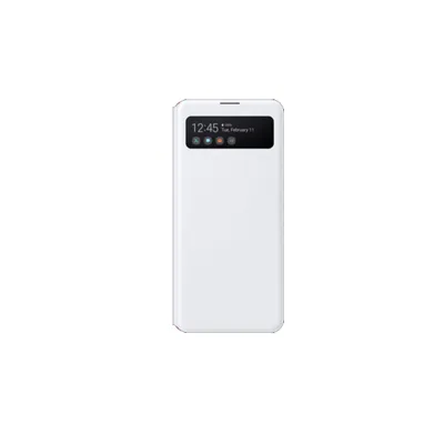 A white Samsung Galaxy A41 flip case with a transparent window showing the phone's screen.