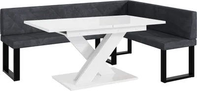Produktbild von MEBLINI Eckbank für Esszimmer mit ausziehbarem Tisch  - Küchenbank - Essecke - Sitzecke Küche - ERIC - U-Beine 142x196x87cm Rechts - Dunkelgrau Samt/B Weiß Hochgl.